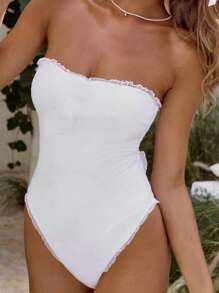 Women Spaghetti Strap Ruffled Trim Swimsuit Cut Out Back Tummy Control One Piece Beach Swimwear - White - View 4