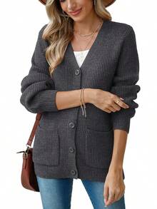 Women Chunky Knit Cardigan Sweater Long Sleeve Button Up Cardigan With Pocket Sweater Coat Fall And Winter, Fashionable Knitwear SLK8 - Dark Heather Gray - View 4