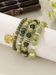 4 exquisitos y modernos colgantes de aleación con cuentas en color verde oliva. Este conjunto de pulseras de cuentas para mujer es ideal para uso diario, eventos informales, banquetes y fiestas. - Verde - Ver 3