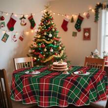 1/36 件圣诞红绿格子图案装饰数码印花桌布 - 矩形和圆形涤纶可洗桌布，适用于室内餐厅装饰、家庭聚会、礼物、节日派对、客厅、厨房、酒店宴会 - 格紋-紅綠 - 查看 6