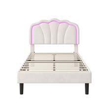 Flieks 3ft Single Upholstered Bed With LED Adjustable Shell Shape Headboard, Soft Velvet Bed Frame With Solid Wood Slat, No Box Spring Needed, Easy Assembly (No Mattress) - White - View 10