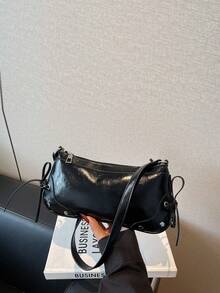 1 pieza Bolso de baguette cruzado/debajo del brazo con decoración de lazo vintage, adecuado para citas, salidas, fiestas y talla grande - Negro - Ver 10
