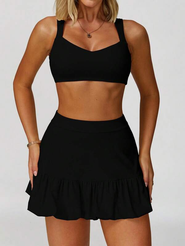 Damen Zweiteiler Herbst einfarbiger Sport Yoga und Fitness ärmelloser rückenfrei Weste und kurzer Rock Outdoor Lässig Lauf Set