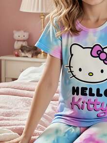 Sanrio Sanrio Hello Kitty (Leuchteffekt im Dunkeln) Flammhemmende Mädchen Kurzarm Pyjama Set + Schmetterling Muster Lange Hose 2 Stücke Nachtwäsche