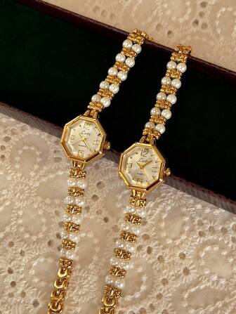 1 New French Fashion Elegant Ladies Pearl Strap 30 Meters Waterproof Personalized Niche Quartz Watch, Suitable For Daily Wear