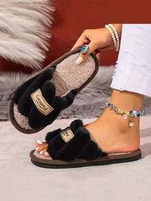 Women's Fluffy Slippers For Indoor Outdoor Wear, Anti-Slip Thick Sole Fuzzy House Slippers, Autumn/Winter - Black - View 7