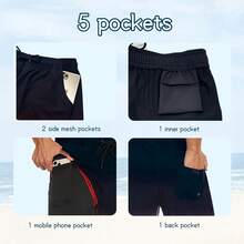 Mens Swim Trunks With Compression Liner Inch Inseam Quick Dry 2 In 1 Beach Board Shorts With Pockets S-3XLA Valentine's Day 9FML - 兩件裝(黑色和藏青色) - 查看 4