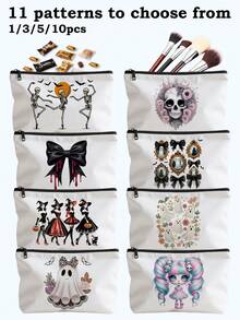 Halloween White Bag For Travel Storage | Makeup Bag & Electronics Organizer With Zipper Closure, Skull Bow Tie Floral Print Pouch For Travel Essentials, Jewelry, Toiletries | Halloween Gift Idea