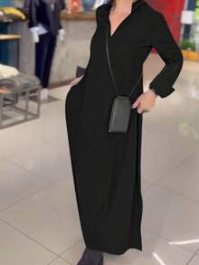 Elegant Women's Long Sleeve V-Neck Knit Belted Waist A-Line Dress, Casual Bohemian Vintage Style - 黑色 - 查看 2