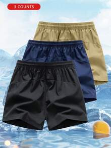 3pcs/Set Boys' Outdoor Sports Running Solid Color Breathable Comfortable Cooling Shorts, Summer - Navy Blue - View 2