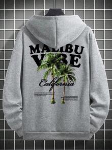 Zrgoth 男士棕榈树印花袋鼠口袋连帽衫，休闲街头风，秋冬款 - 灰色 - 查看 8