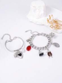 1pc Fashionable Layered Vintage Insect, Heart Shaped Zinc Alloy Pendant Women Bracelet Chain