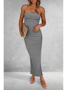 Women's Summer Bodycon Maxi Tube Dress Ribbed Strapless Side Slit Long Going Out Casual Elegant Party DressesHalloween Christmas New Year - 灰色 - 查看 7