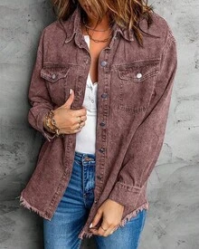 Vetinee Women's Oversized Button Up Frayed Hem Shacket Long Sleeve Pockets Denim Jean Jacket - 棕色石 - 查看 4