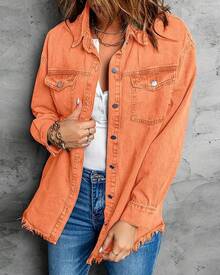 Vetinee Women's Oversized Button Up Frayed Hem Shacket Long Sleeve Pockets Denim Jean Jacket - 橘色 - 查看 4
