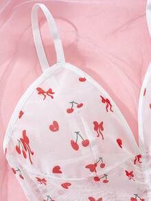 Women's White Sheer Sleepwear, Red Heart Shape&Bow&Cherry Digital Print, Ruched V-Neck Camisole Tight Dress,Spaghetti Strap Slip Dress,Sexy Lingerie - White - View 7