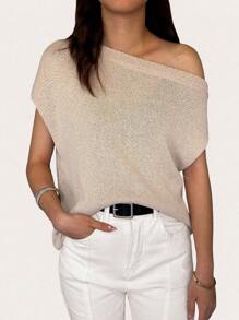 Women's New Oblique Shoulder Regular Casual Comfortable Daily Personalized Sweater, Short Sleeve Loose Oversized Knitted T-Shirts, One Tops For Going Out, Spring Summer Fall