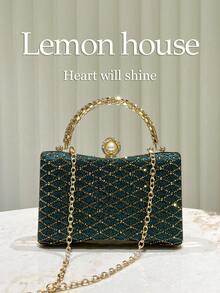 1 geantă de mână verde metalizat cu romburi și paiete, curea detașabilă cu lanț, poșetă elegantă, potrivită pentru rochii de seară, ocazii formale, nunți, petreceri, festivaluri