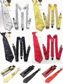 1 套男士女士闪亮亮片领结和吊带套装，纯色亮片后领带套装，派对表演吊带套装，非常适合节日、聚会和正式活动，是晚宴、聚会和情人节的完美礼物