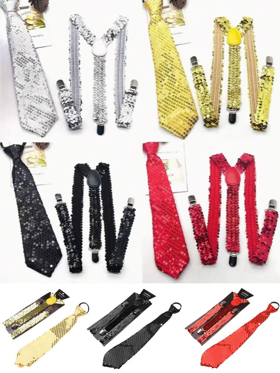 1 套男士女士闪亮亮片领结和吊带套装，纯色亮片后领带套装，派对表演吊带套装，非常适合节日、聚会和正式活动，是晚宴、聚会和情人节的完美礼物