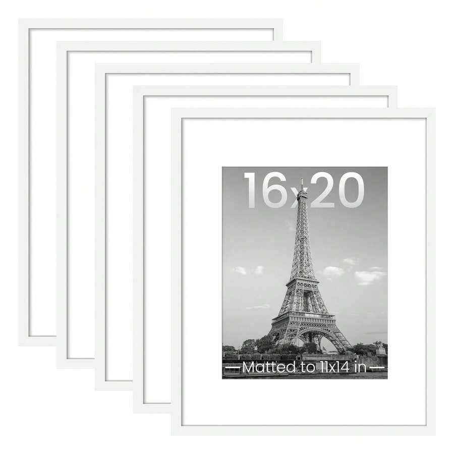 Modern White Picture Frame Set Of 5 – Plastic Gallery Wall Frames For 8x10, 11x14, 12x16,16x20&18x24 Photos – Lightweight Decorative Frames With Mats Or Full Display - trắng - Xem 1