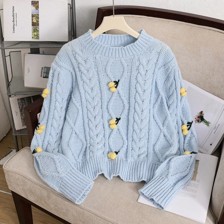 Impresión floral, insecto, hoja, informal, de punto acanalado, calado, hogar - Azul - Ver 1