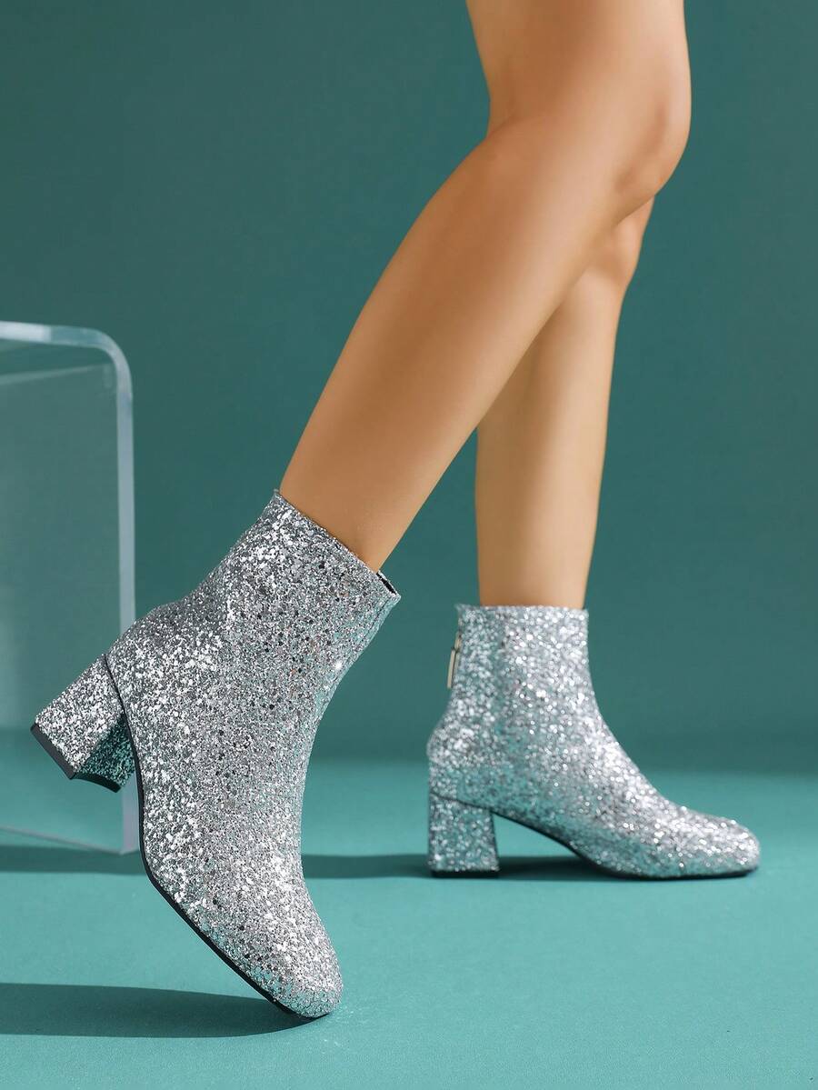 Women's Fashion Glitter Chunky Heel Ankle Boots, Back Zipper Square Toe High Heel Boots, Runway Plus Size Dress Boots - Silver - View 1