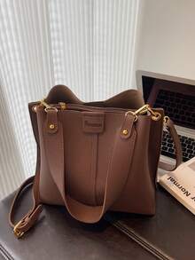 新款时尚小众时尚休闲百搭水桶包，复古经典高品质宽肩带女士单肩包，斜挎包适合工作、约会、购物、日常使用 - 咖啡 - 查看 3