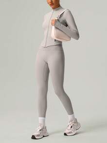 GOSOUER 2 PCS Co Ord Set Women's Classic Light Fleece Warm Outdoor Sports Jacket With Butt Lifting Yoga Legging For Winter Autumn - Grey - View 3