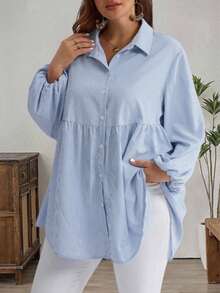 Camisa de manga farol a rayas para mujer de talla grande