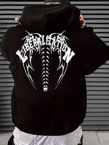 Men's Loose Drawstring Hoodie With Pockets, Printed Design, Casual For Autumn/Winter - Black - View 1