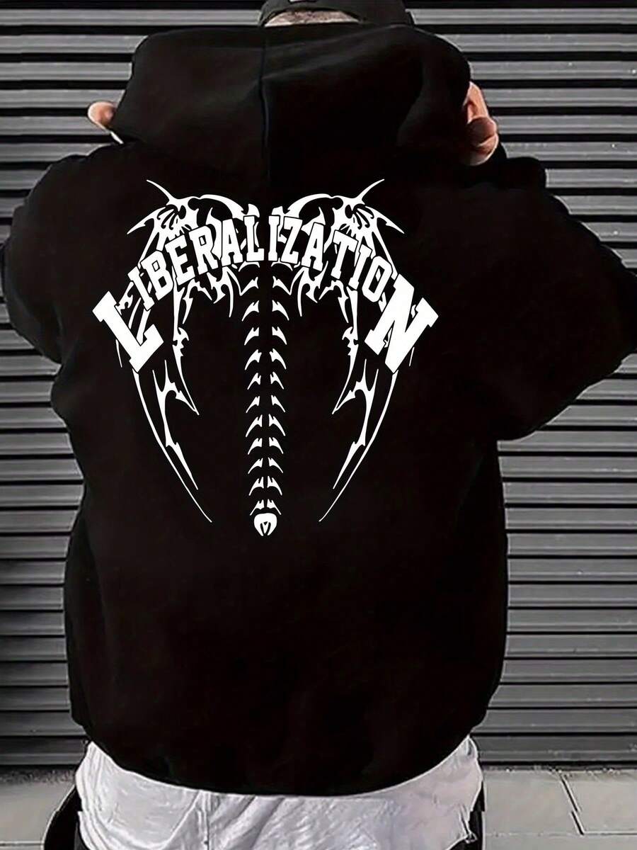 Men's Loose Drawstring Hoodie With Pockets, Printed Design, Casual For Autumn/Winter - Black - View 1