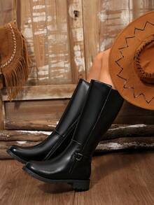 中筒时尚仿优雅女靴，法式高跟鞋，侧拉链开合 - 黑色 - 查看 1