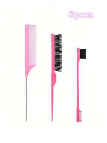 3/6件套女士粉色美发沙龙必备工具套装。包含拔发针器、便携式梳子、挑染尖梳、双头眉刷、挑染刷和连续喷雾瓶，非常适合沙龙和女士发饰、梳理和边缘控制，也是日常家居和节日礼物。