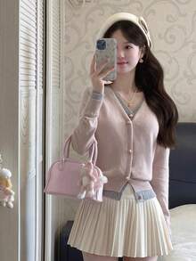 Korean Style Sweet & Cute Girl Slouchy Splice V-Neck Contrast Color Long Sleeve Sweater Cardigan, Spring/Autumn - Pink Gray - View 4