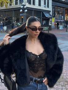 Camellia New Autumn/Winter Faux Fox Fur Collar Fashionable Short Jacket, Youthful Artificial Fur Coat - Black - View 4