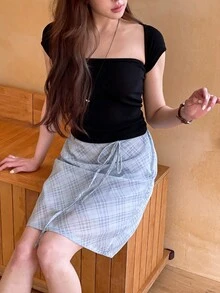 YIU Rhombus Plaid Bow Tie Sweet Cute Casual Versatile Chiffon Mini Skirt, Party & Street Style, New Summer Back To School Women Fashion - Dusty Blue - View 7