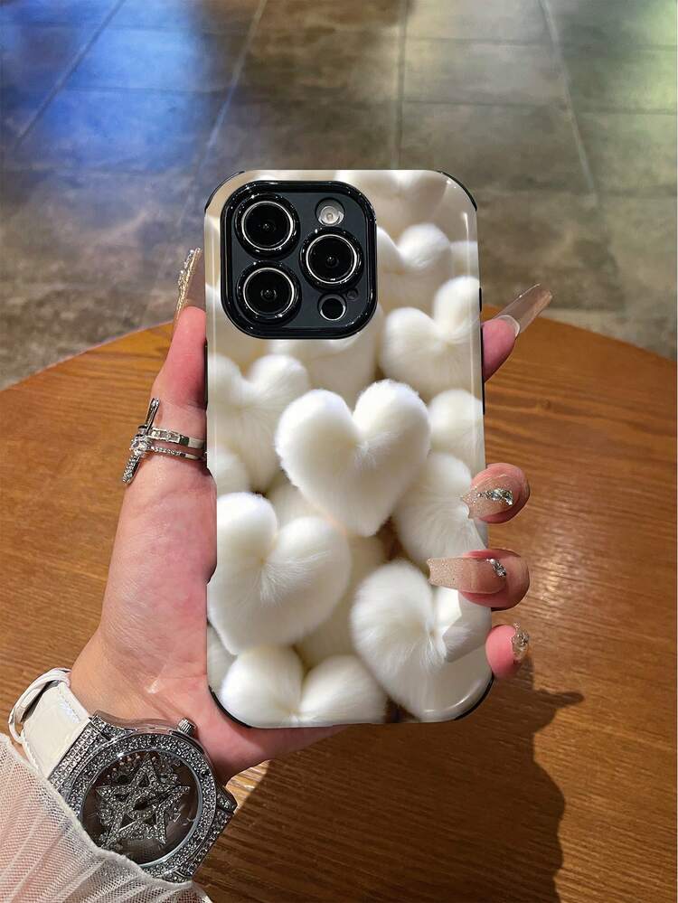 1 件时尚简约蓬松心形图案防震柔软 TPU+PC 二合一手机壳，适用于 Apple 11/12/13/14/15/16/16 Plus/16 Pro/16 Pro Max - 彩色 - 查看 1