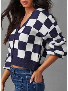 Women's Checkered Button Down Long Sleeve Knit Cropped Cardigan Sweater Tops, Style - Blue - View 3