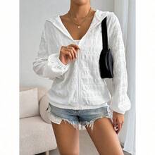 Summer Lightweight Texture Long Sleeve Hooded Jacket In Solid Color Back To School Outfits Fall Clothes Teacher Clothes Hooded White Jacket Long Sleeve Jacket Going Out Jacket - 白色 - 查看 7