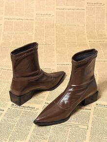 时尚优雅棕色褶皱皮革女式踝靴，尖头粗跟一脚蹬正装靴，2025 秋冬新款中筒靴，适合街头、商务、派对、婚礼、夜总会 - 咖色 - 查看 3