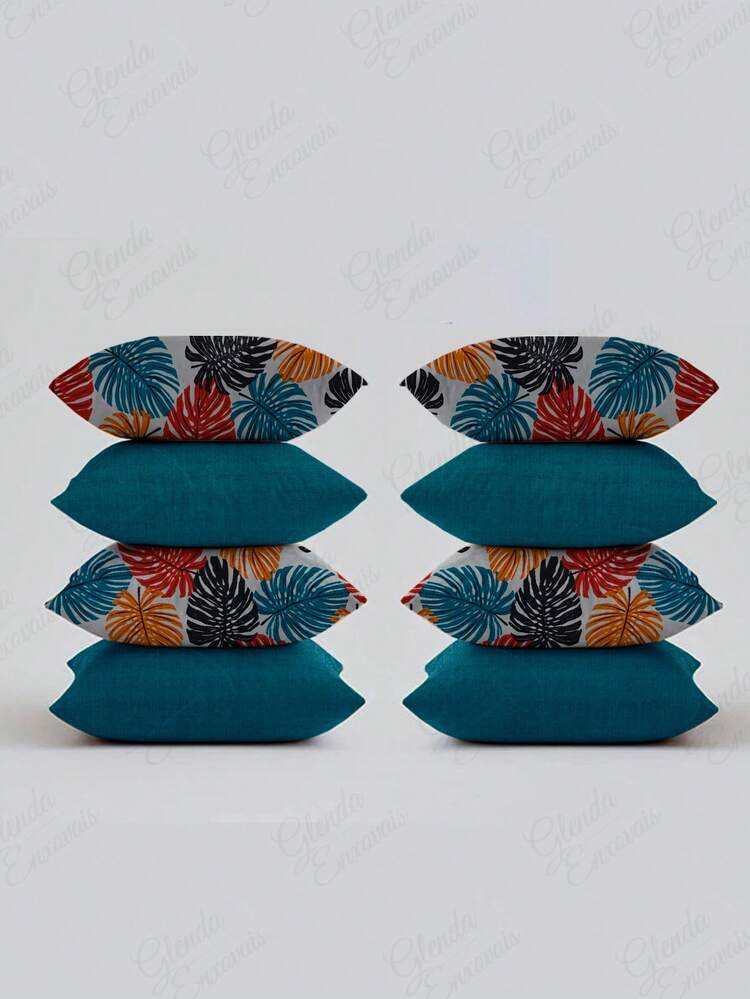 Combo Of 8 Pillow Covers For Living Rooms And Bedrooms 0.45X0.45 4 Plain 4 Printed -AL - 彩色排骨-薄荷綠 - 查看 2
