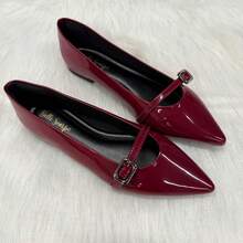 Elegant Classic Women's Casual Comfort Patent Leather Buckle Pointed Toe Black Almond Flats - Burgandy - 查看 2
