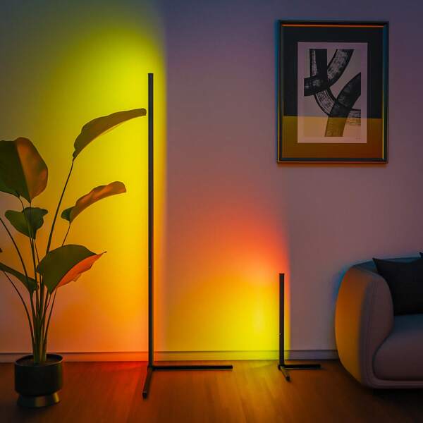 Lampe de sol d'angle Smart RGB LED avec application et télécommande, synchronisation musicale et réglage de la minuterie, éclairage d'ambiance à changement de couleur moderne pour salon, chambres à coucher, salle de jeux