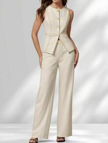 HOMEYEE 2 piezas Conjunto de traje de negocios casual para mujer: Chaleco de cuello redondo y pantalones, adecuado para trabajo, viaje y primavera diaria - Albaricoque - Ver 3