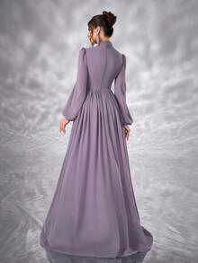 Elisanya 3D花朵串珠花蕊女士雪纺连衣裙舞会派对长袖高领优雅茶会端庄婚礼宾客毕业演唱会宴会晚宴 - 紫色 - 查看 3