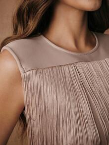 Savoree Desert Goddess Fringe Boho Chic Fitted Maxi Dress, Suitable For Summer Festival, Elegant Holiday Vacation, Casual Beach Style