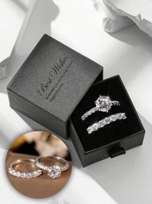 2 件方晶锆石戒指套装，简约奢华婚礼订婚戒指，礼盒包装适合节日