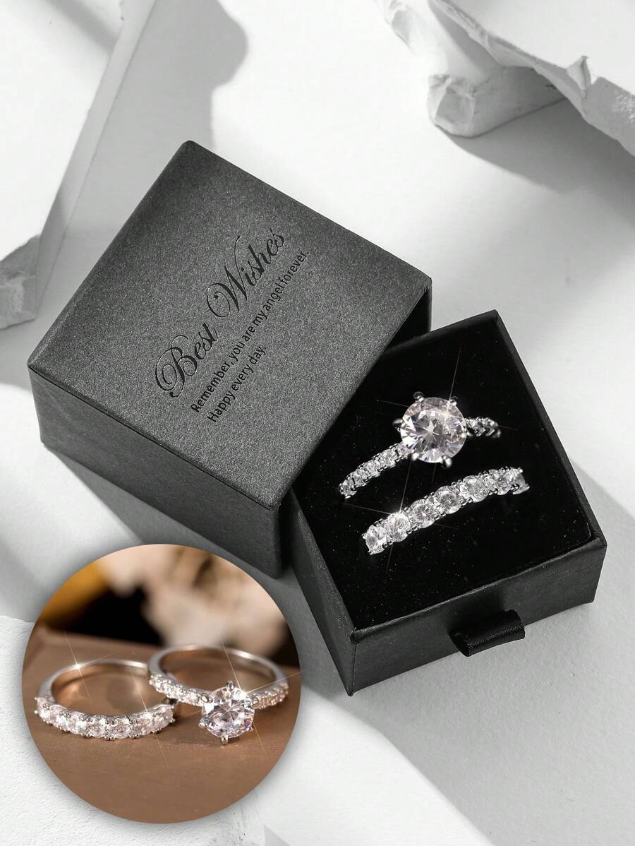 2 件方晶锆石戒指套装，简约奢华婚礼订婚戒指，礼盒包装适合节日