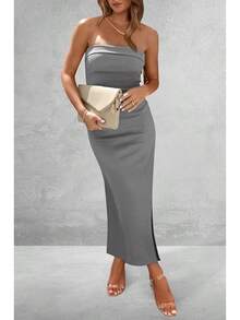 Women's Summer Bodycon Maxi Tube Dress Ribbed Strapless Side Slit Long Going Out Casual Elegant Party DressesHalloween Christmas New Year - 灰色 - 查看 4